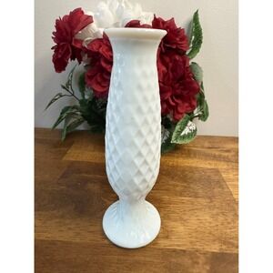 Vintage E.O. Brody Milk Glass Vase Diamond‎ Quilt Pedestal White MCM Wedding